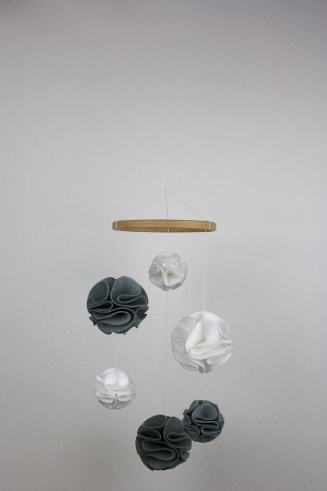 Gray and White Pom Pom Modern Nursery Mobile - Baby Crib Mobile