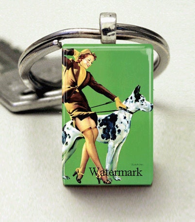Domino Size Glass Metal Frame Key Chain-Pin Up Woman with Great Dane Dog Sexy Retro Animal Lover
