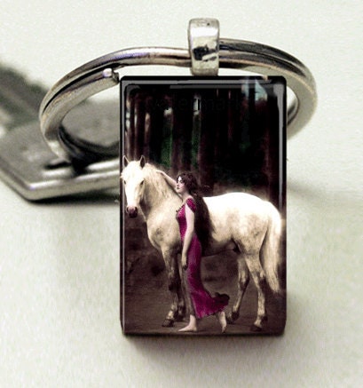 Keychain Domino Size Glass Metal Frame Key Chain-Edwardian Woman and Horse art nouveaul Fantasy Animal Lover esquerian