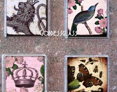Glass Tile Magnet Set of 4-Natures Royalty Bird Lion Crown Floral Garden