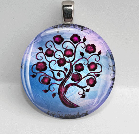 Glass Round Pendant Abstract Swirl Tree Nature Garden Bezel