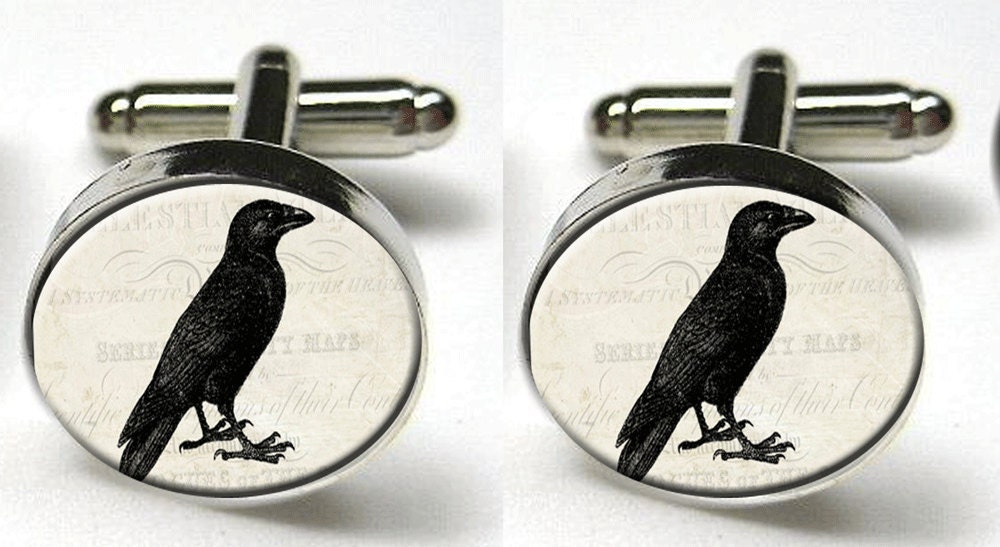 Silver Bezel CuffLinks Glass Round Raven Bird Nevermore Poe Gothic