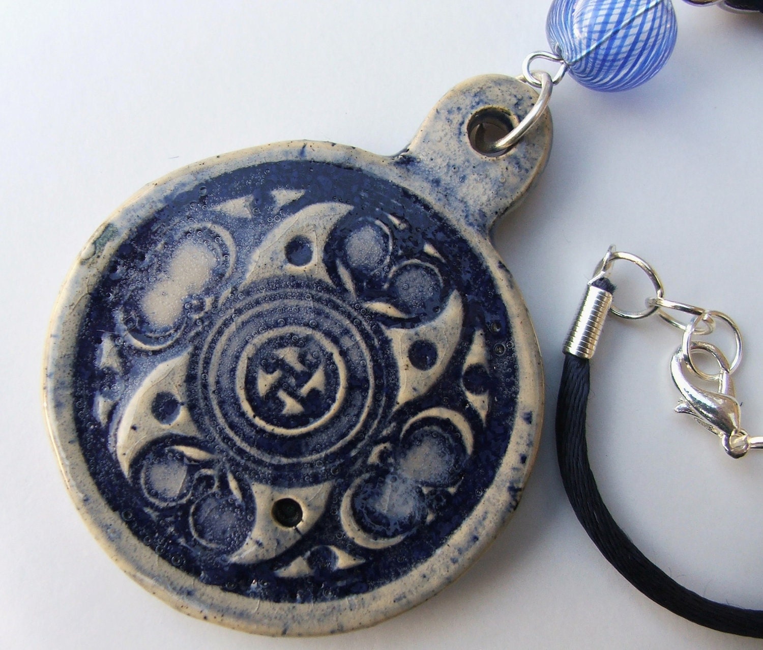 Ceramic Pottery Blue Celtic Pendant Necklace with Blown Glass Bead - OOAK