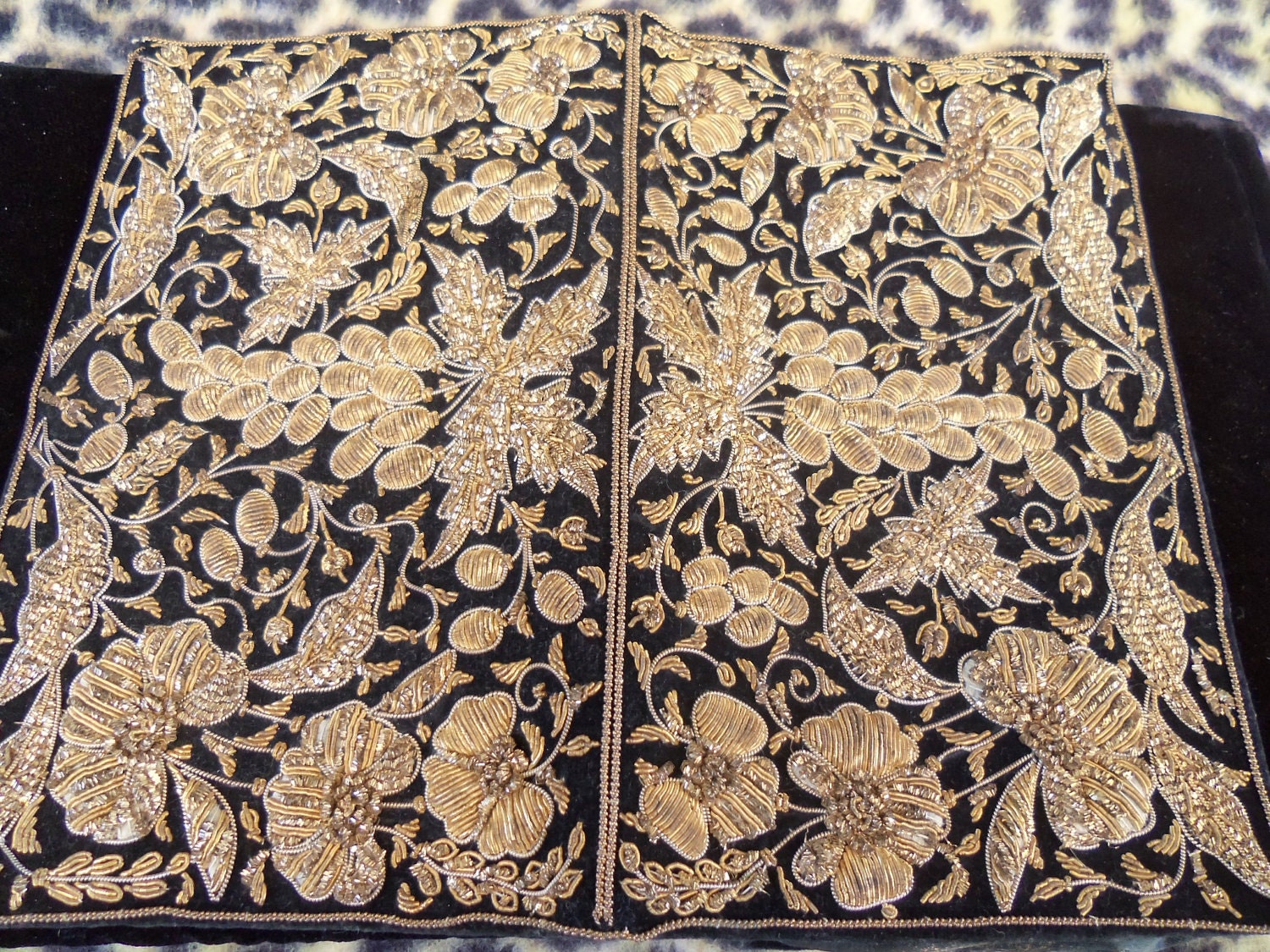 Black Velvet Clutch Vintage Ornate Gold Design Signed Lewis Made in India 1960's 1970's
