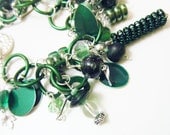 Emerald Green Charm Bracelet with Glass and Aluminum OOAK - fringeandflourish