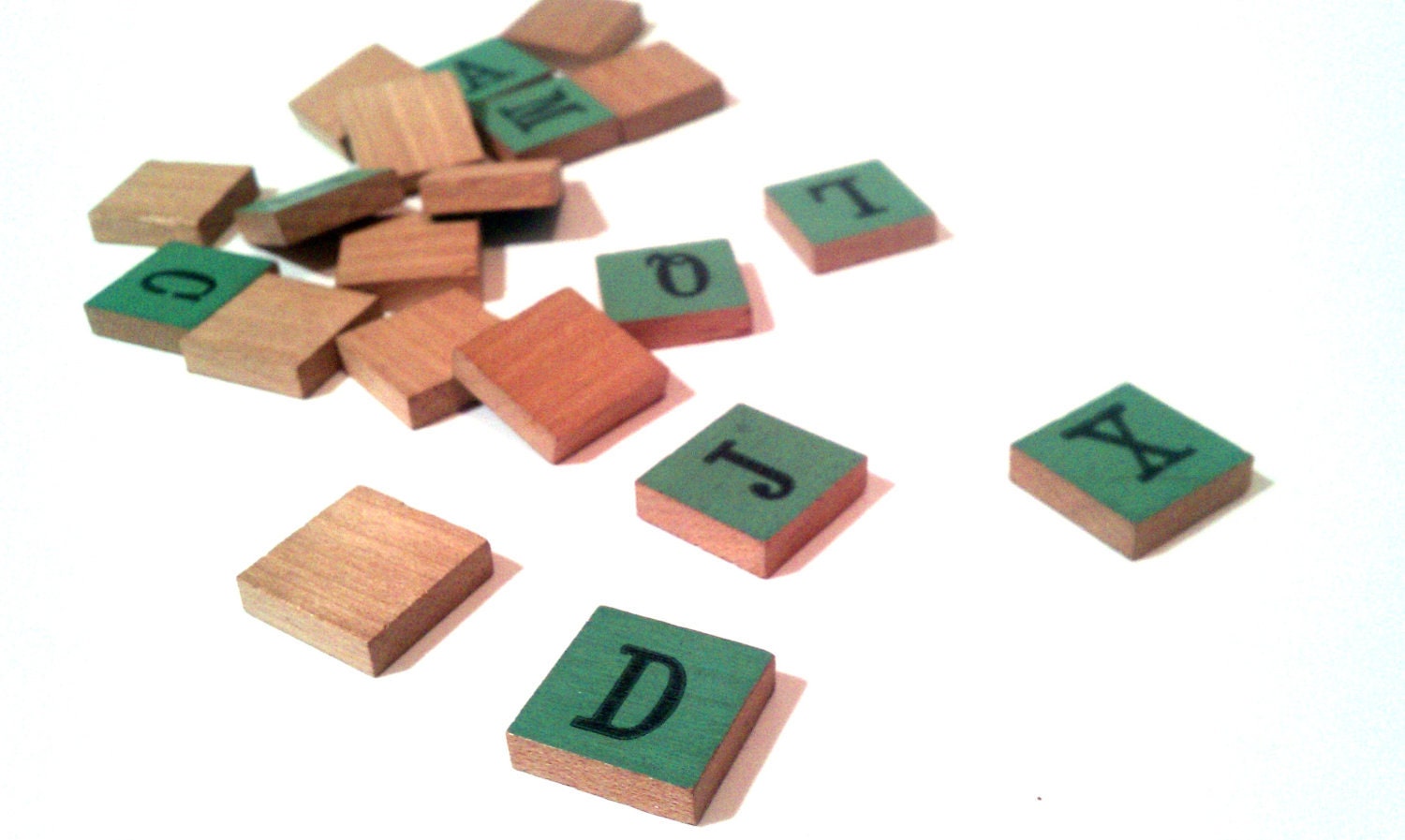 Wood Block Black Letter Scrabble Tile Lot of 20 Green Blue Teal