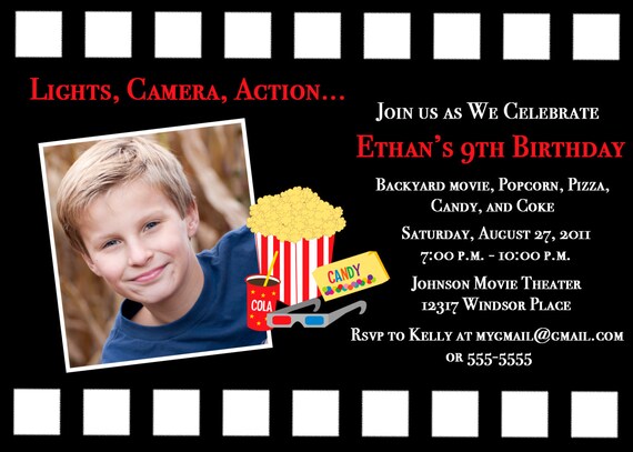 Movie Night Birthday Party Photo Invitation, Red... Custom, Printable, Digital Il_570xn