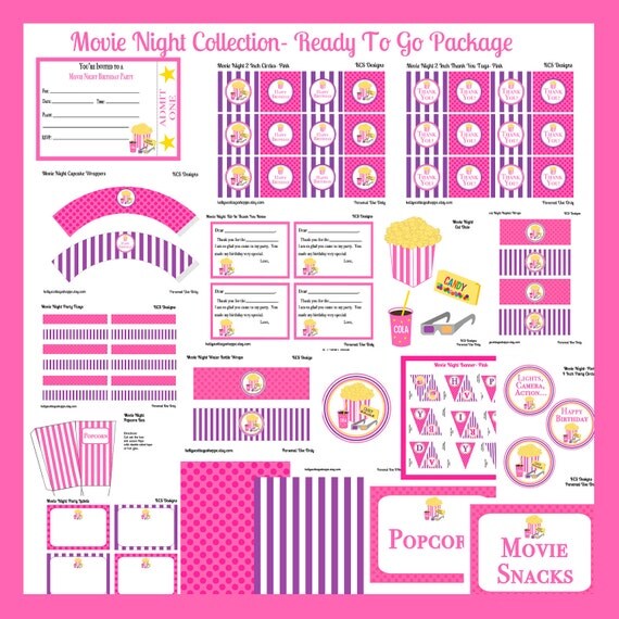 Movie Night Birthday Party Collection in Pink- Ready To Go Package Il_570xn