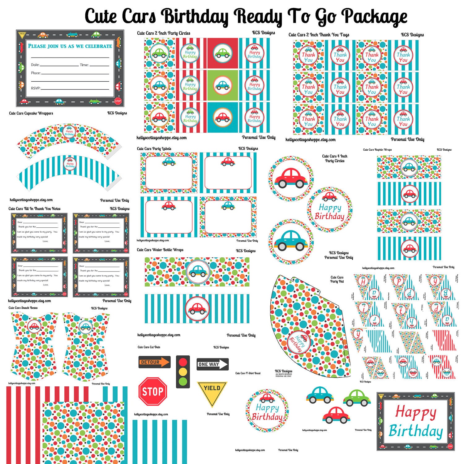 SALE... Printable Cute Cars Birthday Party- Ready to Go Package Il_570xn