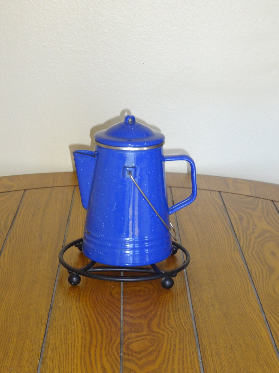 Vintage Blue Enamelware Coffee Pot - Complete