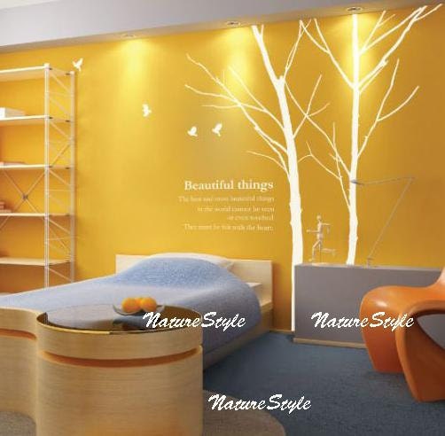 Tree decal winter tree wall decal nursery wall decal poem decal wedding party wall decor-Two Winter Trees with Flying Birds