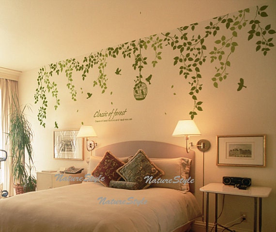 Beautiful Flowers with Flying Birds and Birdscage-Vinyl Wall Decal vinyl vine wall sticker birdcage birds wall decor nursery decor