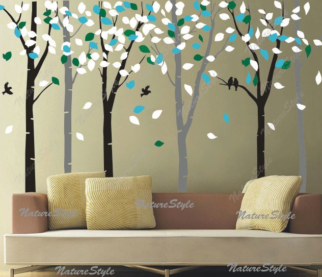 wall decal tree wall decal nursery wall decal baby wall decal children wall decal bedroom vinyl decal-6 Birch Tree with Colorful leaves