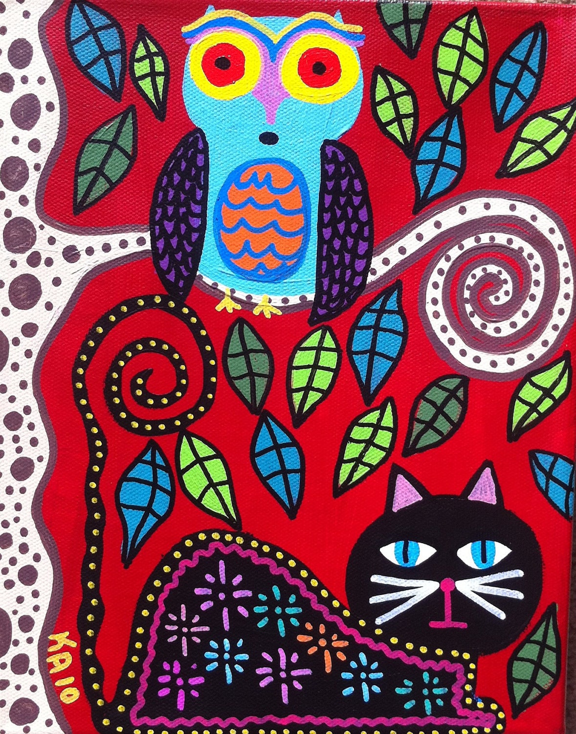 Kerri Ambrosino Art PRINTMexican Folk Art Cat and Owl Friends