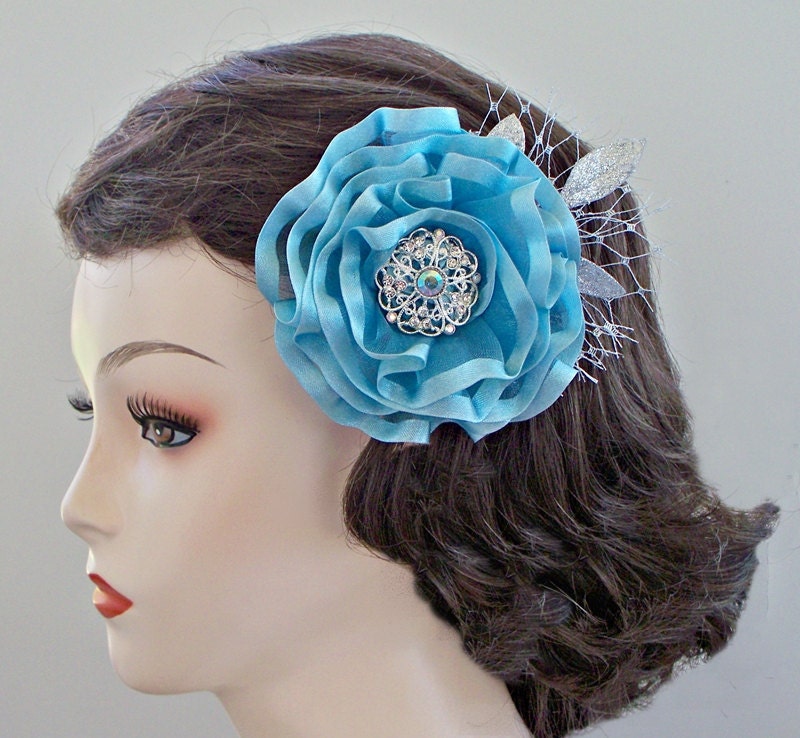 SAMPLE SALE - Teal Fascinator or brooch with silver metallic French netting and leaves