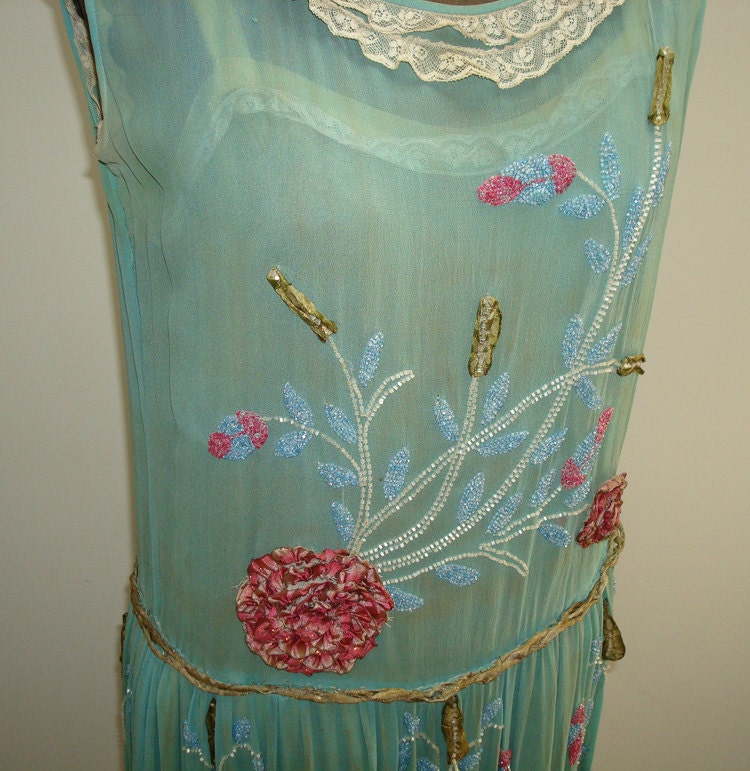 RESERVED 1920s silk floral glass beaded flapper dress