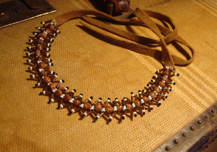 Vintage Suede & Seed Bead Boho Choker Necklace