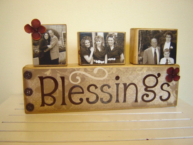 Wood Sign Decor Family blessings with photo blocks primitive and rustic Fall/Autumn decor Christmas December personalized pictures of family