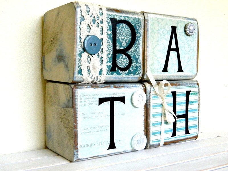 Bathroom wooden sign for the bathroom home decor blue with vinyl lettering and rustic embellishments comes with the four blocks