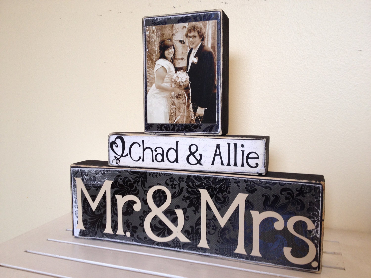 Mr and Mrs Wedding decoration black painted wooden blocks shabby chic vintage wedding personalized photo Christmas gift