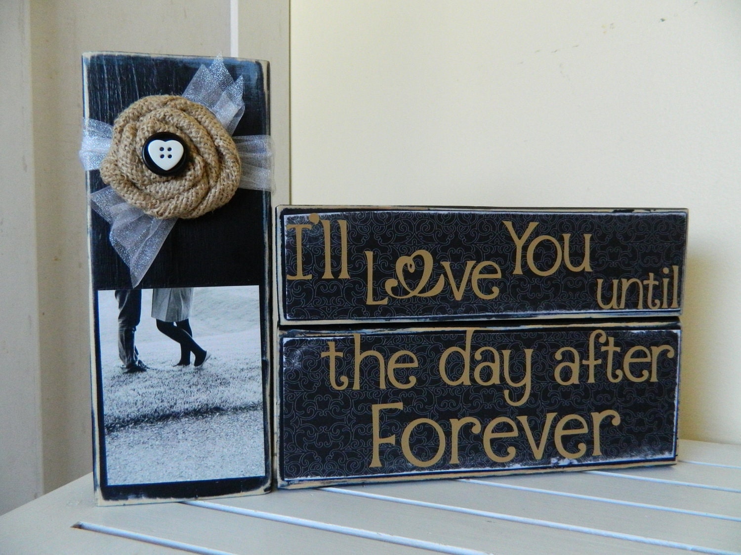 Wedding decoration or gift Black decor I'l love you until the day after tomorrow burlap flower with picture button and heart