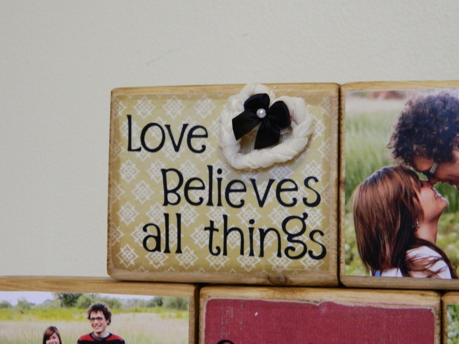 Personalized wedding, shower, anniversary gift with quote and wedding date- Love believes all things with photos set of five blocks