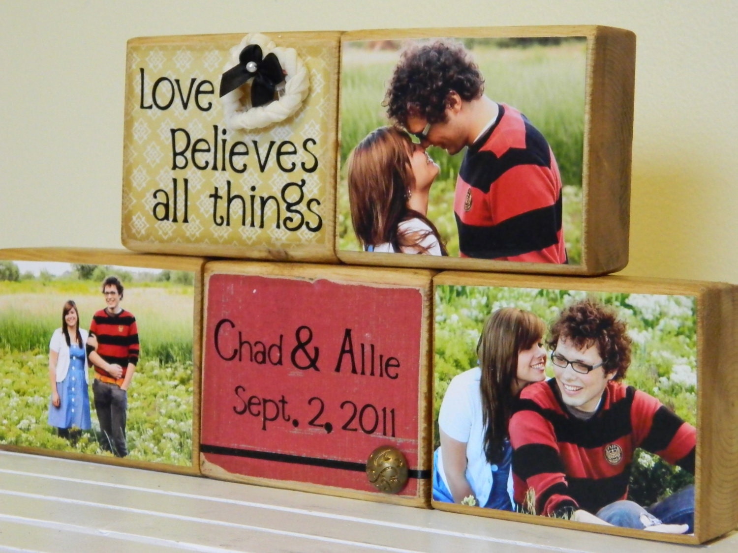 Personalized wedding, shower, anniversary gift with quote and wedding date- Love believes all things with photos set of five blocks