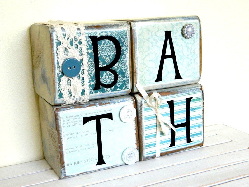 Bathroom wooden sign for the bathroom home decor blue with vinyl lettering and rustic embellishments comes with the four blocks
