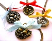 Sweet Bird's Nest Charm Necklace-Antique Gold or Silver-Robin's Eggs or Pearls and a Bow-Choose One Design-Spring, Easter Jewelry
