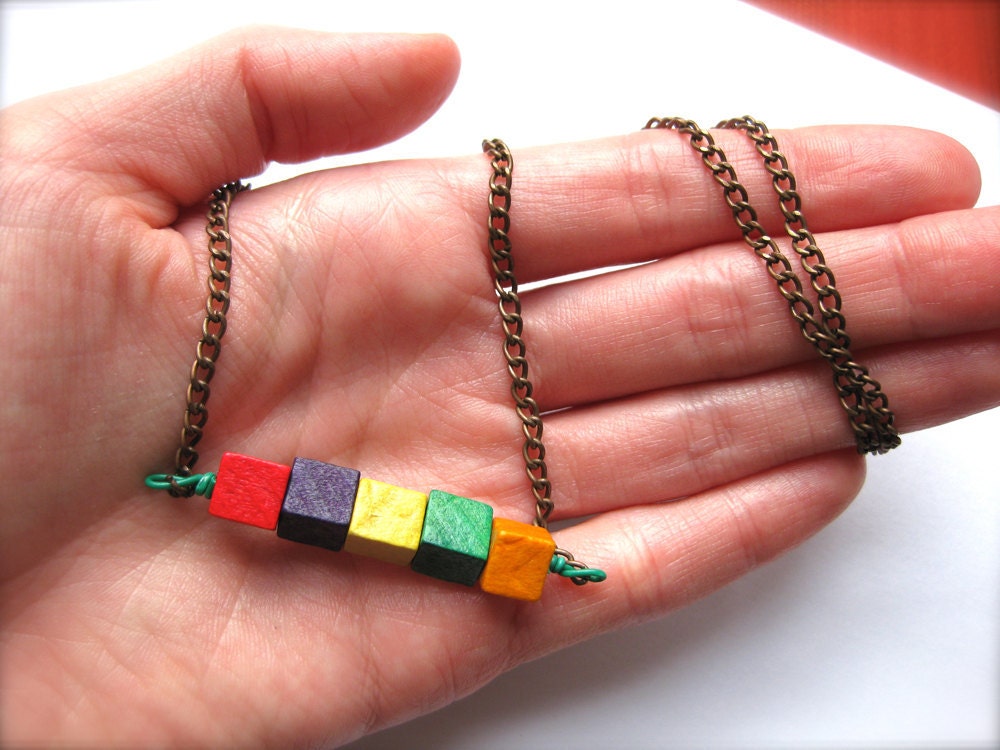 Geometric Cubes Color Block Necklace-Antique Copper Chain-Red, purple, yellow, green, orange OR Custom Color-Wooden Beads-Summer Fashion