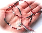 Rose and Gray Friendship Bracelet with beads, silver heart charm, and fringe-Tie Me On-Adjustable-Boho Jewelry