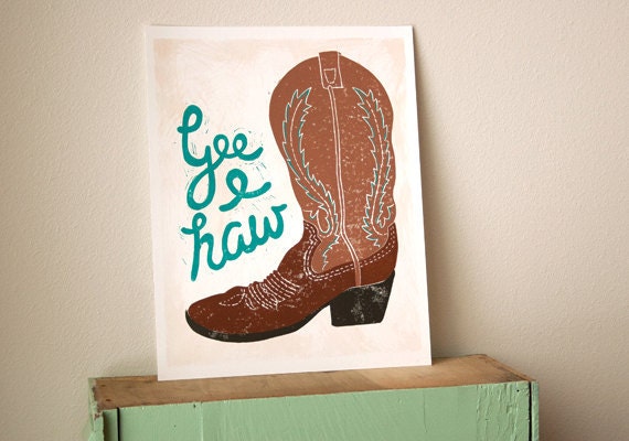 WALL Art COWBOY Boots YeeHaw LINOCUT, 11 x 14, Children's Decor, Bathroom Art, Mudroom Art, Cowboy Art