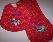 Personalized Embroidered Red  Bib and Burp Cloth with Cute Little Airplane by SewJunkie
