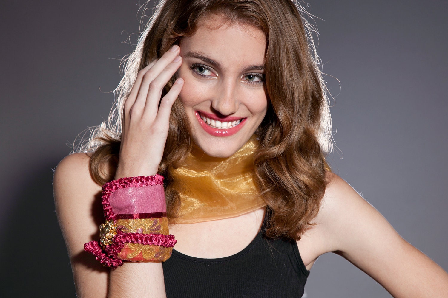 Floral and Pink Leather Luxe Wrist Pouch  - Honeysuckle Rose