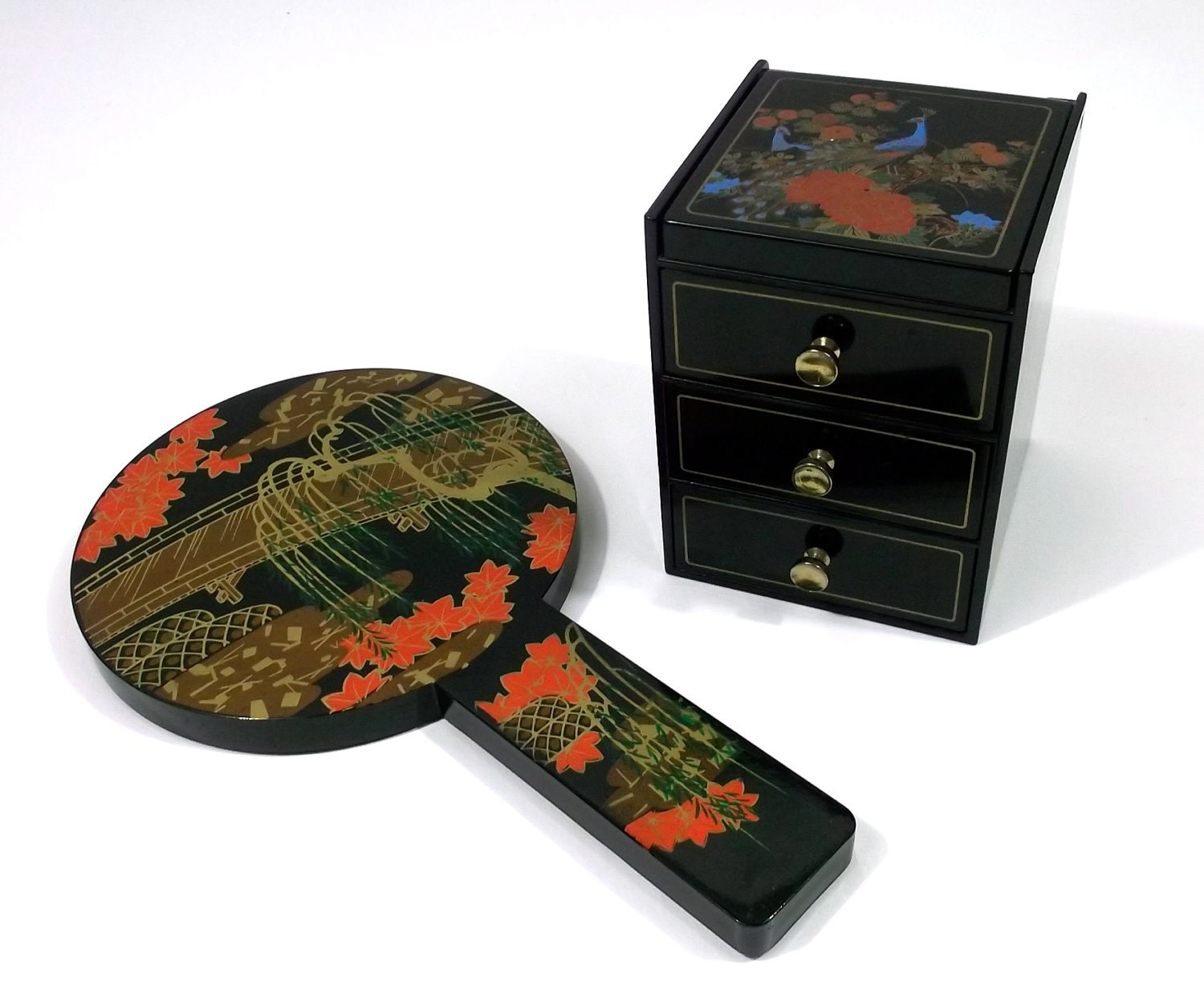 Peacock Themed Japanese Painted Hand Mirror and Jewelry Box Set 1960s Vintage Laquer ware