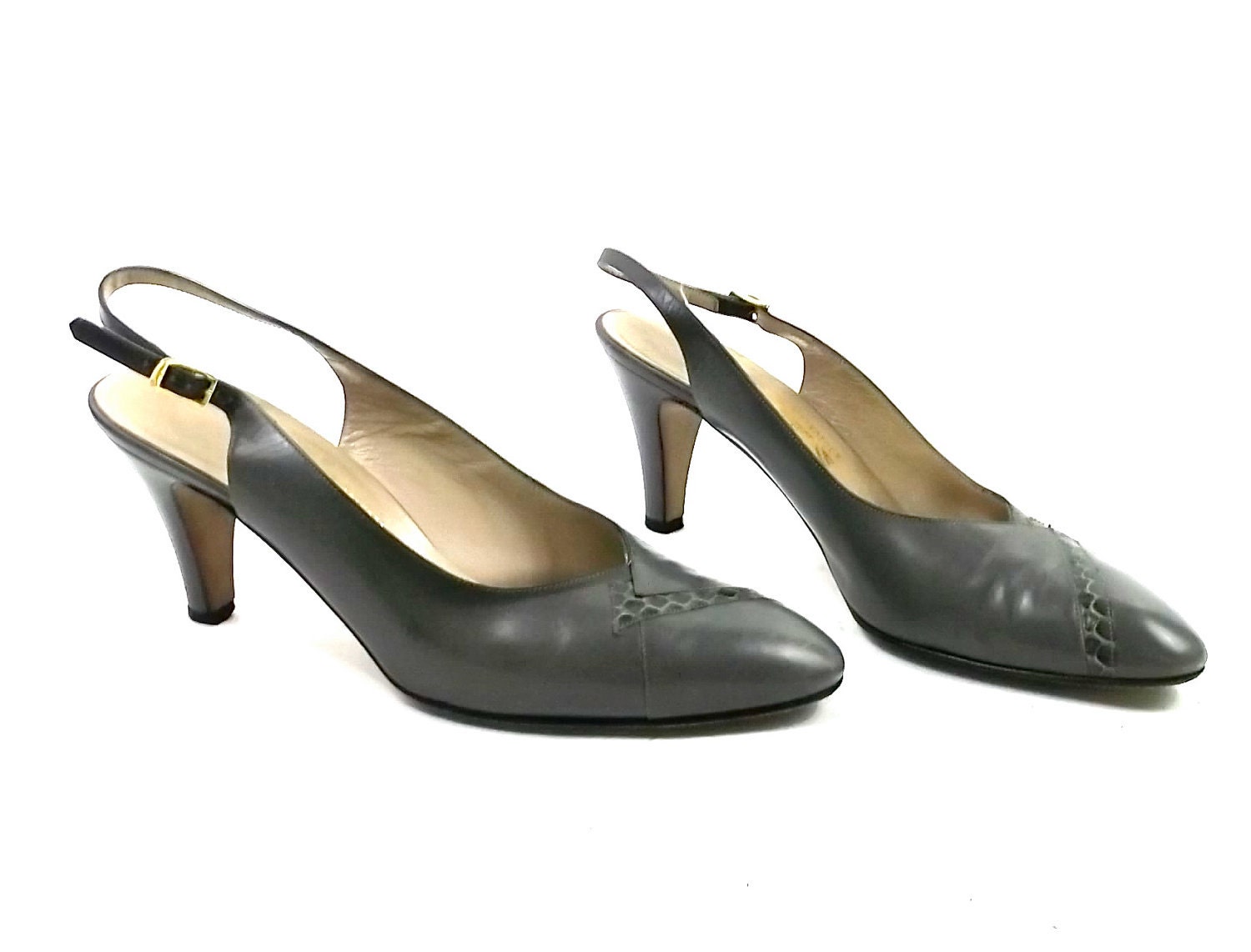 Ferragamo Vintage Heels // leather sling back // size 9 womens // vintage 1980s clothing // geometric snake skin