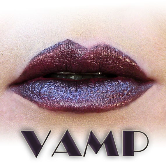 VAMP Restorative Lipstick in dark gothic black purple with slight red tone, semi-opaque, 5ml