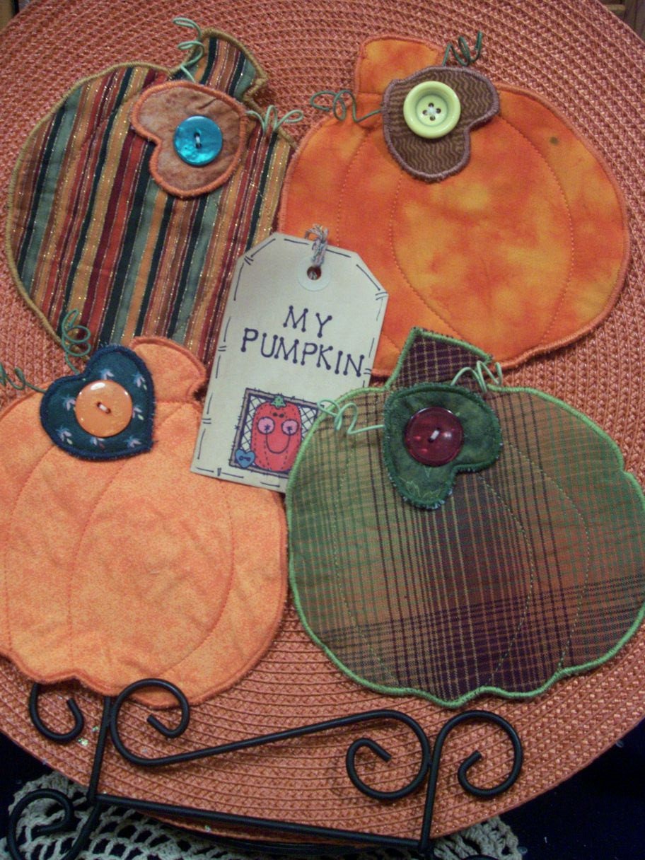 Primitive Country FALL HARVEST PUMPKINS Fabric Coasters Mug Mats Bowl Fillers Ornies