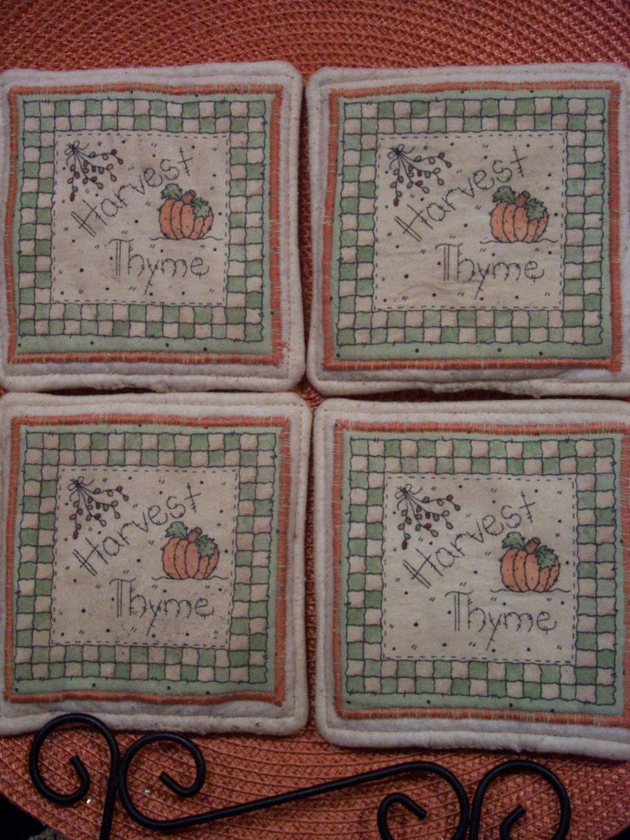 Primitive Country FALL HARVEST PUMPKINS Fabric Coasters Mug Mats