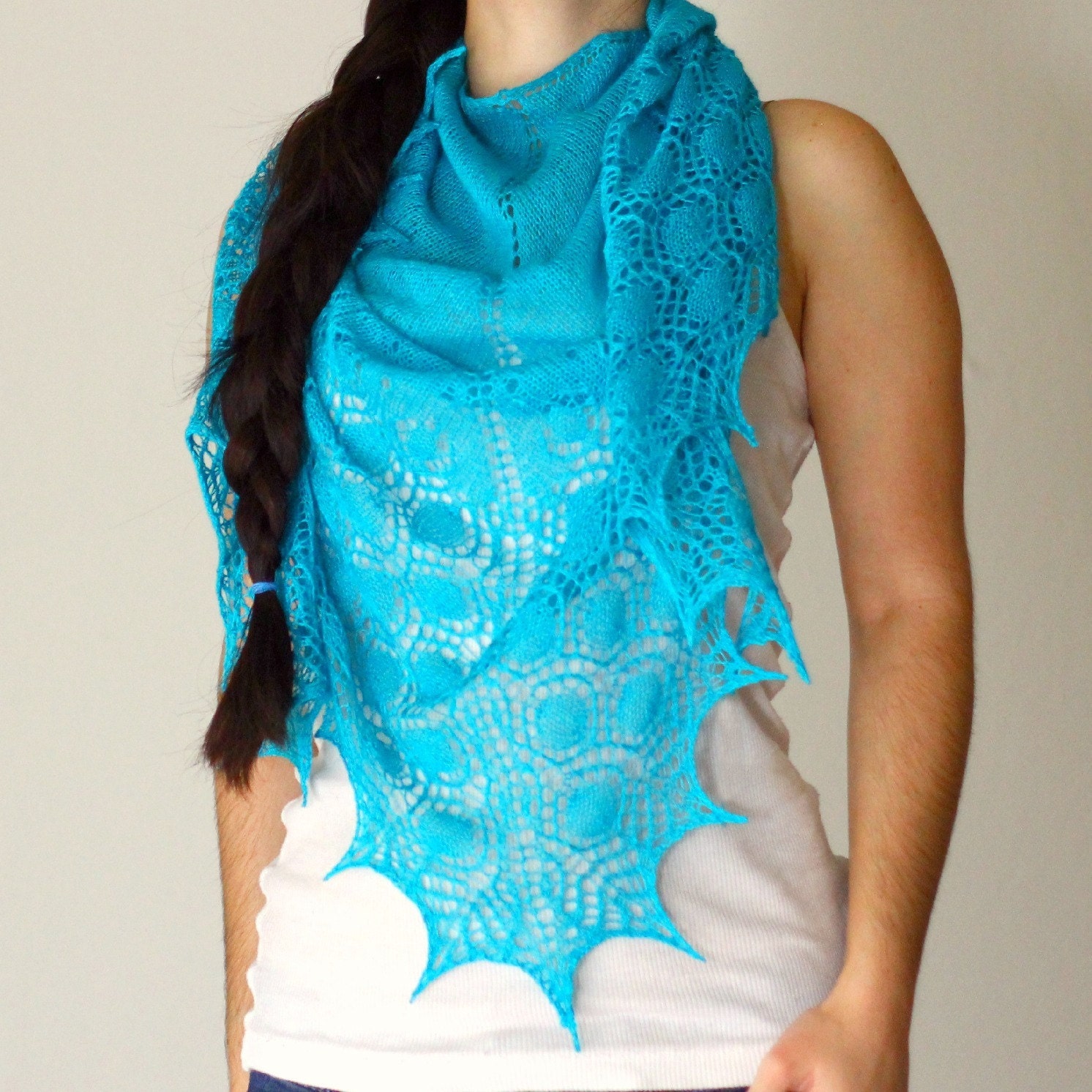 Hand knit shawl in turquoise blue aqua lace  scarf gift for her MADE TO ORDER