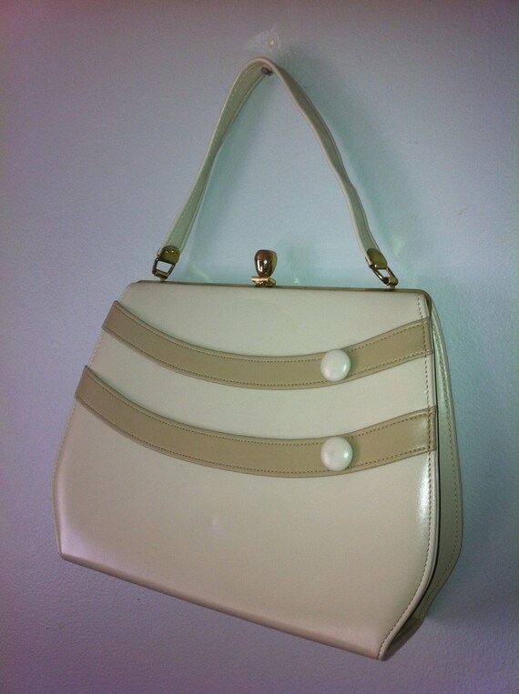 1960s Vintage Handbag Patent Leather -Two Toned with Stripes and Button Details
