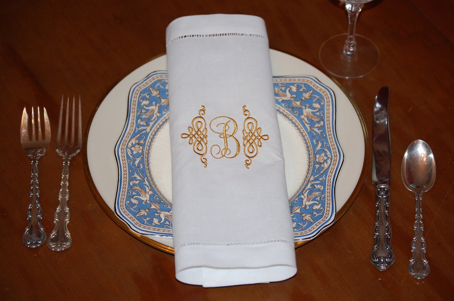 Monogrammed White Linen Hemstitched Tea Napkins