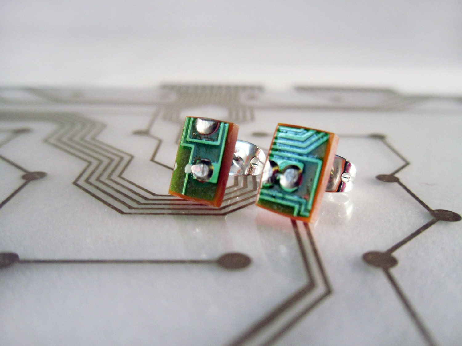 Circuit Board Earrings - Green Rectangles - Cyborg Series
