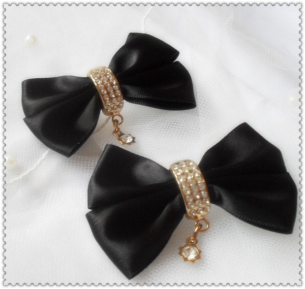 15 Black Satin Ribbon Bow with Metal Rounded & Crystal Finding Appique