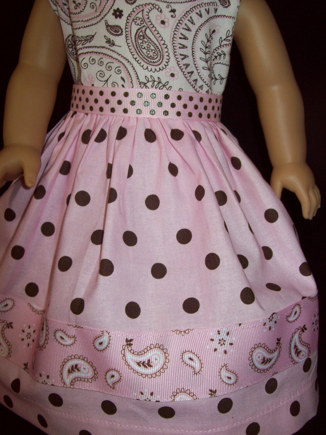 American Girl doll clothes 18 inch doll dress Pink and brown dots and paisley fabric