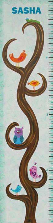 Personalized Owl & Bird Growth Chart Nursery / Kids Wall Art (original painting not a print)