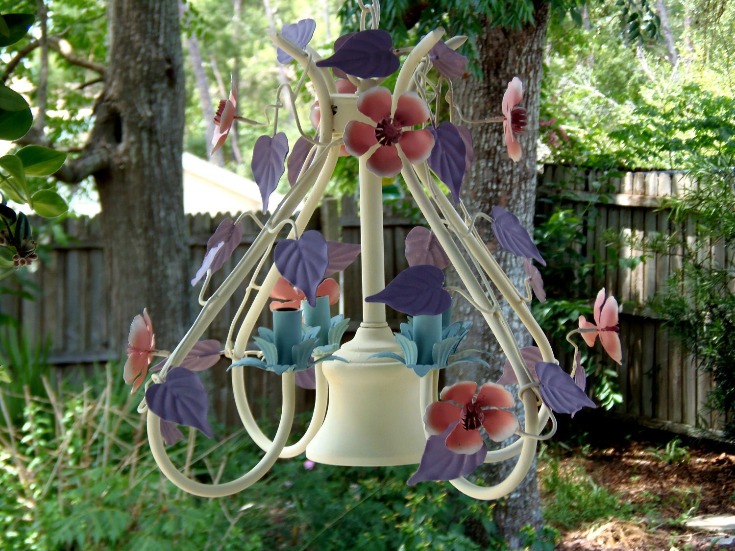 JULY SALE Gorgeous Vintage 4 Light Tole Chandelier Floral Pink Lilac Blue Chain Light Fixture