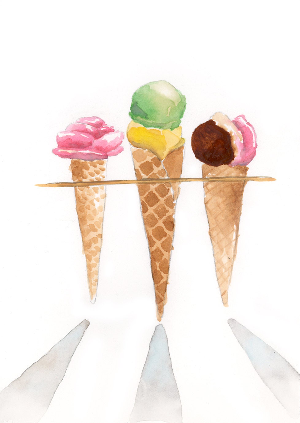 Three Berthillon Ice Cream Cones Watercolor Painting - Digital Print  5 x 7