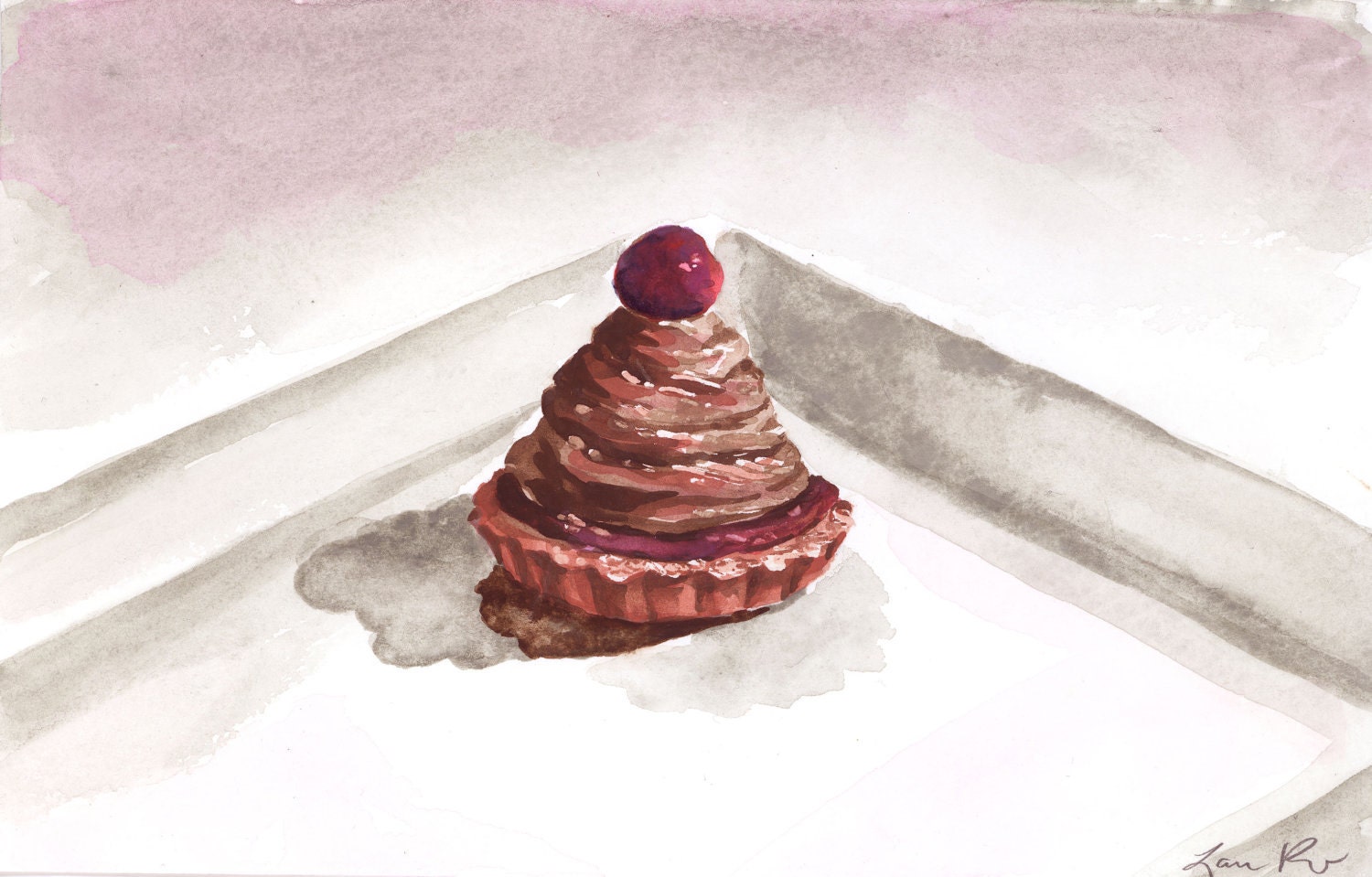 French Montblanc Dessert Paris Gourmet with Cherry ORIGINAL Watercolor Painting 5.5 x 8.5