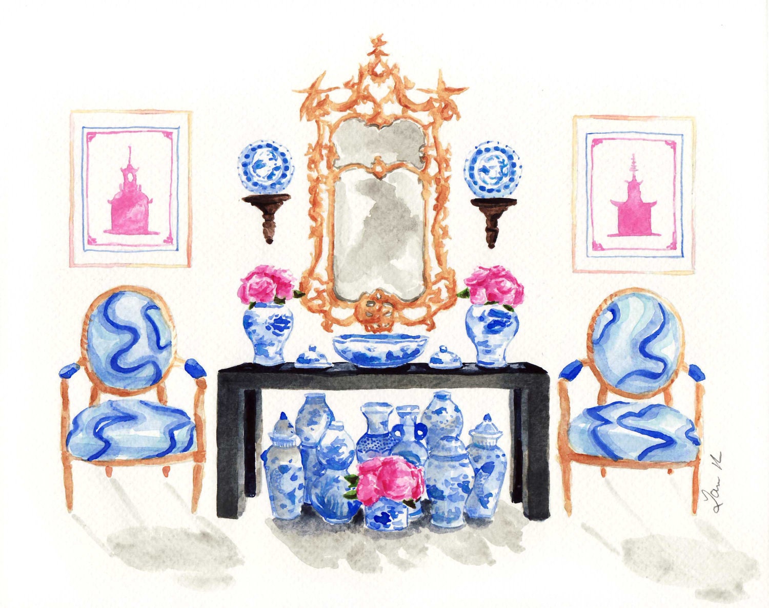 Pink & Blue Chinoiserie Interior 8 x 10 Digital Print of ORIGINAL Watercolor Blue and White Pink Peonies gilded gold